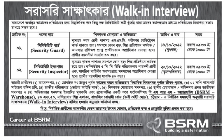 নবম শ্রেণি পাসে চাকরি দিচ্ছে বিএসআরএম